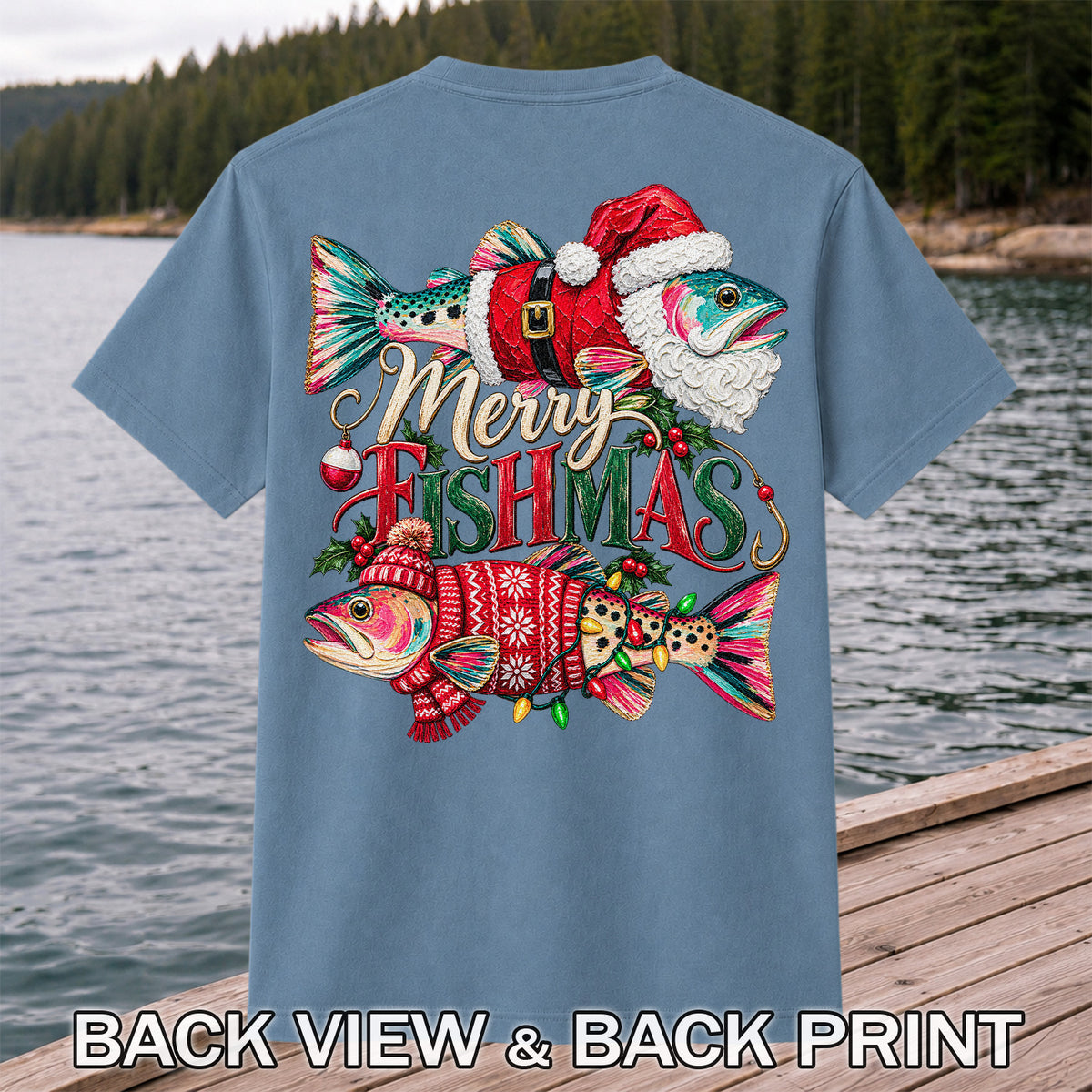 Merry Fishmas Santa Fish Christmas Fishing Graphic T-Shirt | Back Print