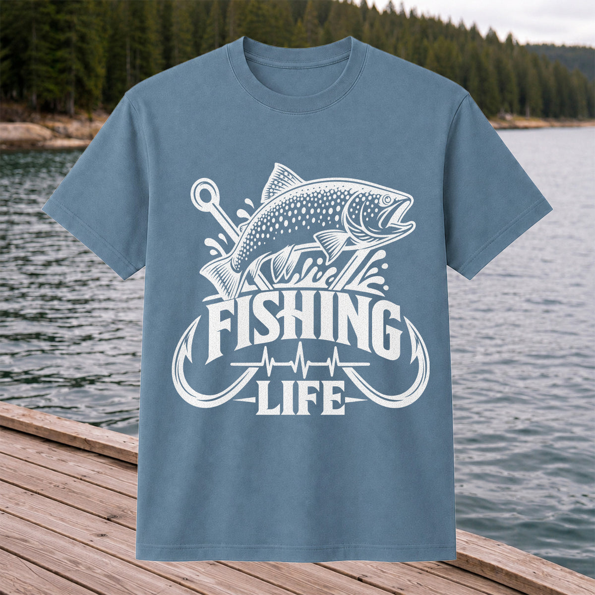 Fishing Life Trout and Hooks Heartbeat Graphic T-Shirt