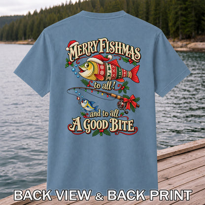 Merry Fishmas to All and to All a Good Bite Christmas Fishing T-Shirt | Back Print