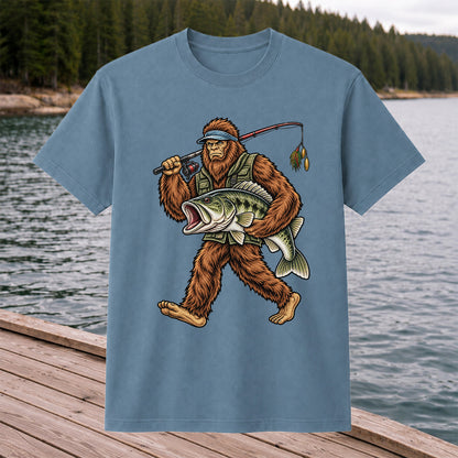 Bigfoot Holding a Largemouth Bass Fishing Graphic T-Shirt