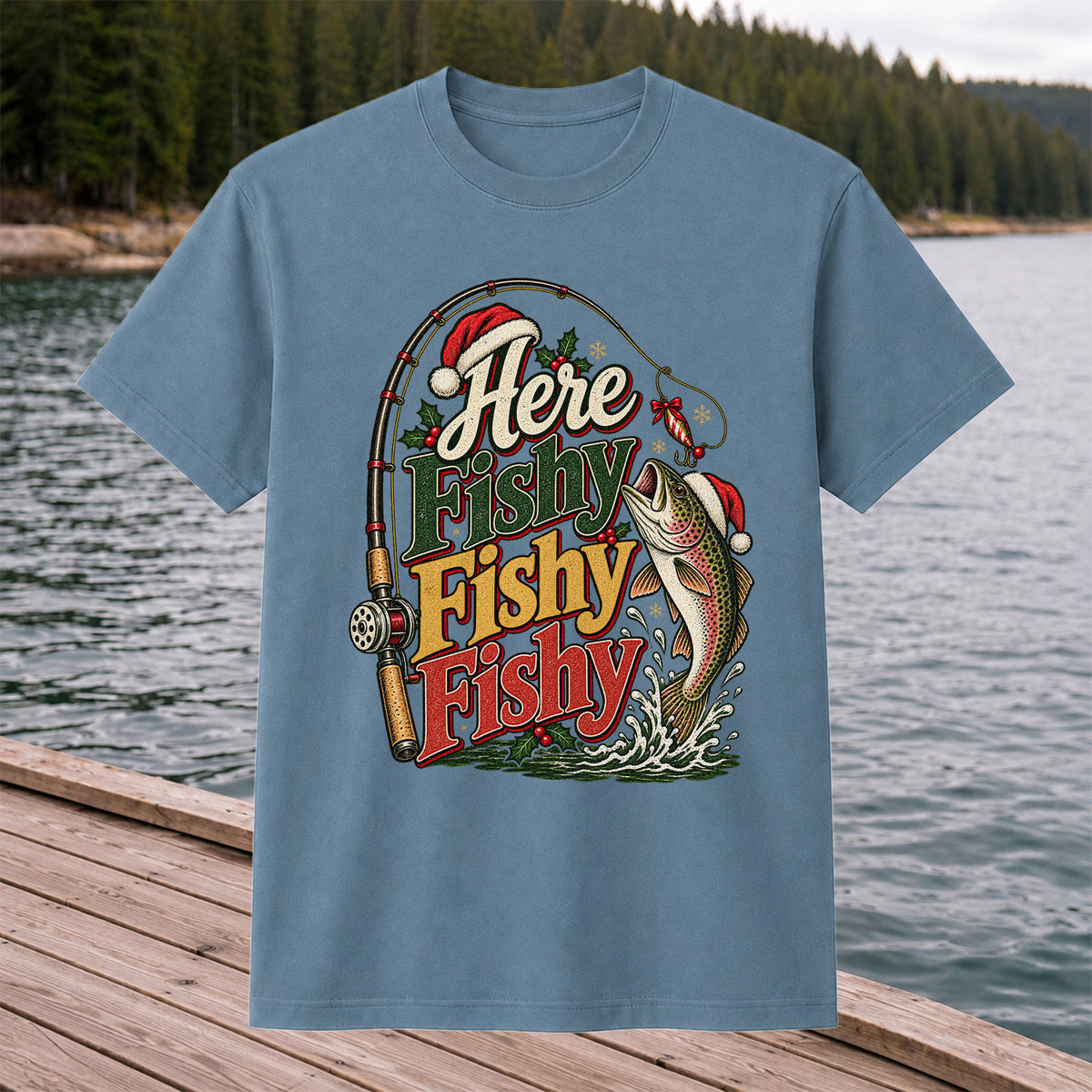Here Fishy Fishy Fishy Christmas Rainbow Trout Fishing T-Shirt