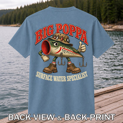 Big Poppa Surface Water Specialist Fishing Lure Graphic T-Shirt | Back Print