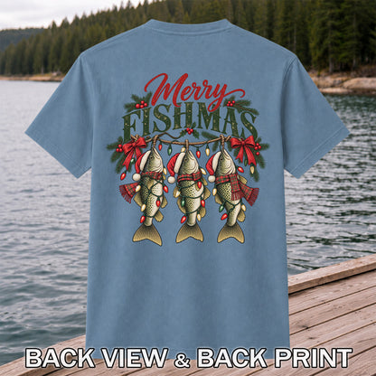 Merry Fishmas Christmas Trout Fishing Graphic T-Shirt | Back Print