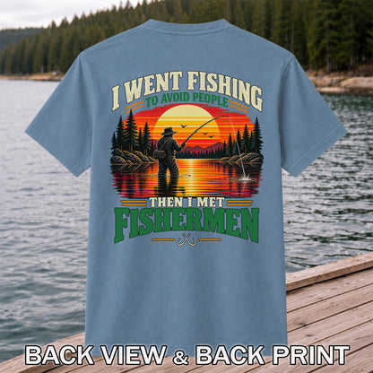 Sunset Fisherman Fishing Humor Graphic T-Shirt | Back Print