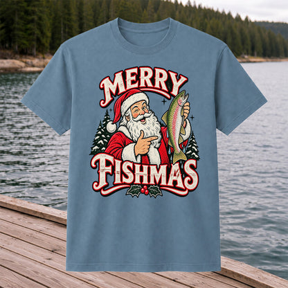 Merry Fishmas Santa Holding Rainbow Trout Christmas Fishing T-Shirt