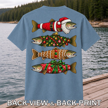 Festive Christmas Trout Santa and Gingerbread Fishing T-Shirt | Back Print