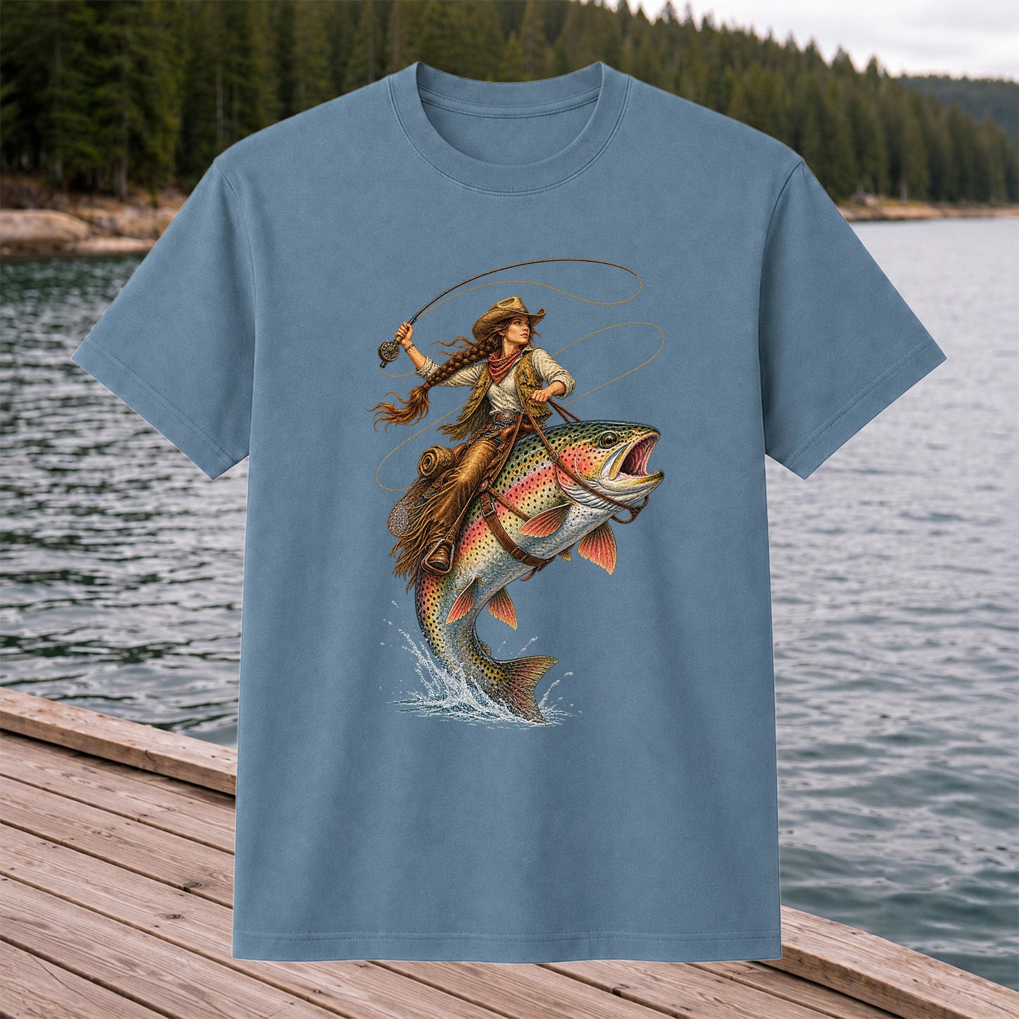 Western Cowgirl Riding a Rainbow Trout Fly Fishing Graphic T-Shirt