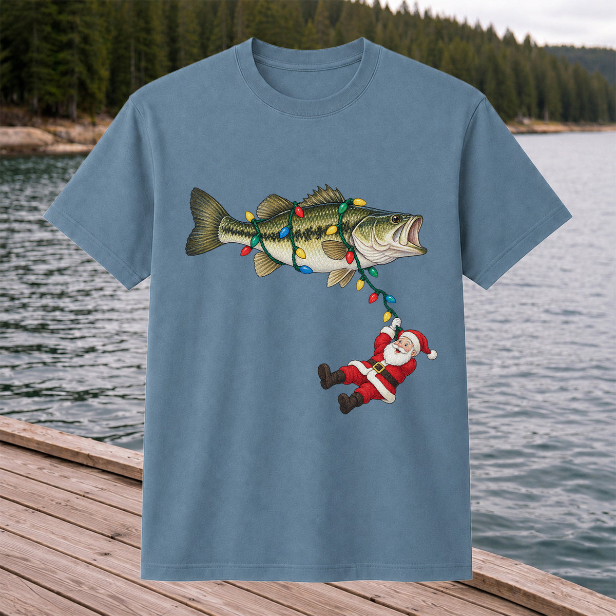 Santa Hanging from Christmas Lights on Bass Fishing Graphic T-Shirt
