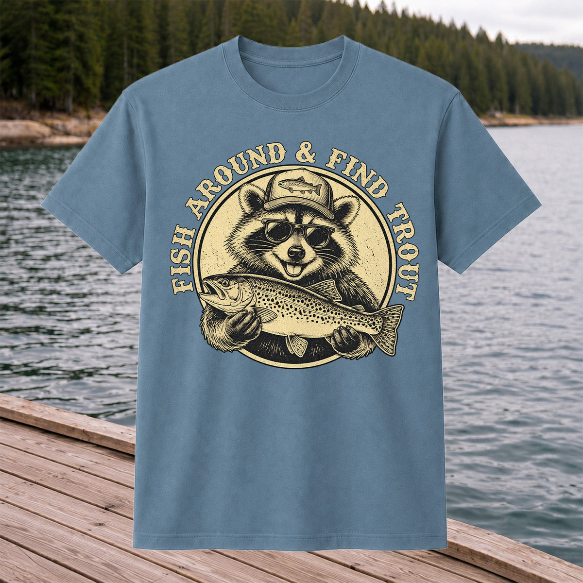 Fish Around & Find Trout Funny Raccoon Fishing T-Shirt