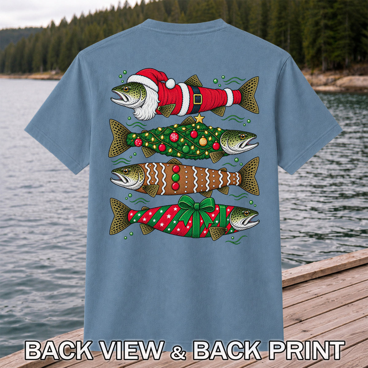 Christmas Trout Santa Tree and Gift Wrap Fishing T-Shirt | Back Print