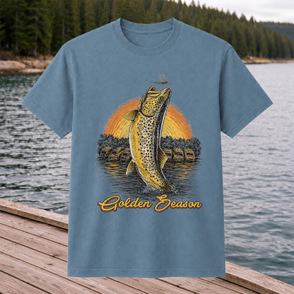 Golden Season Jumping Trout Sunset Fishing Graphic T-Shirt