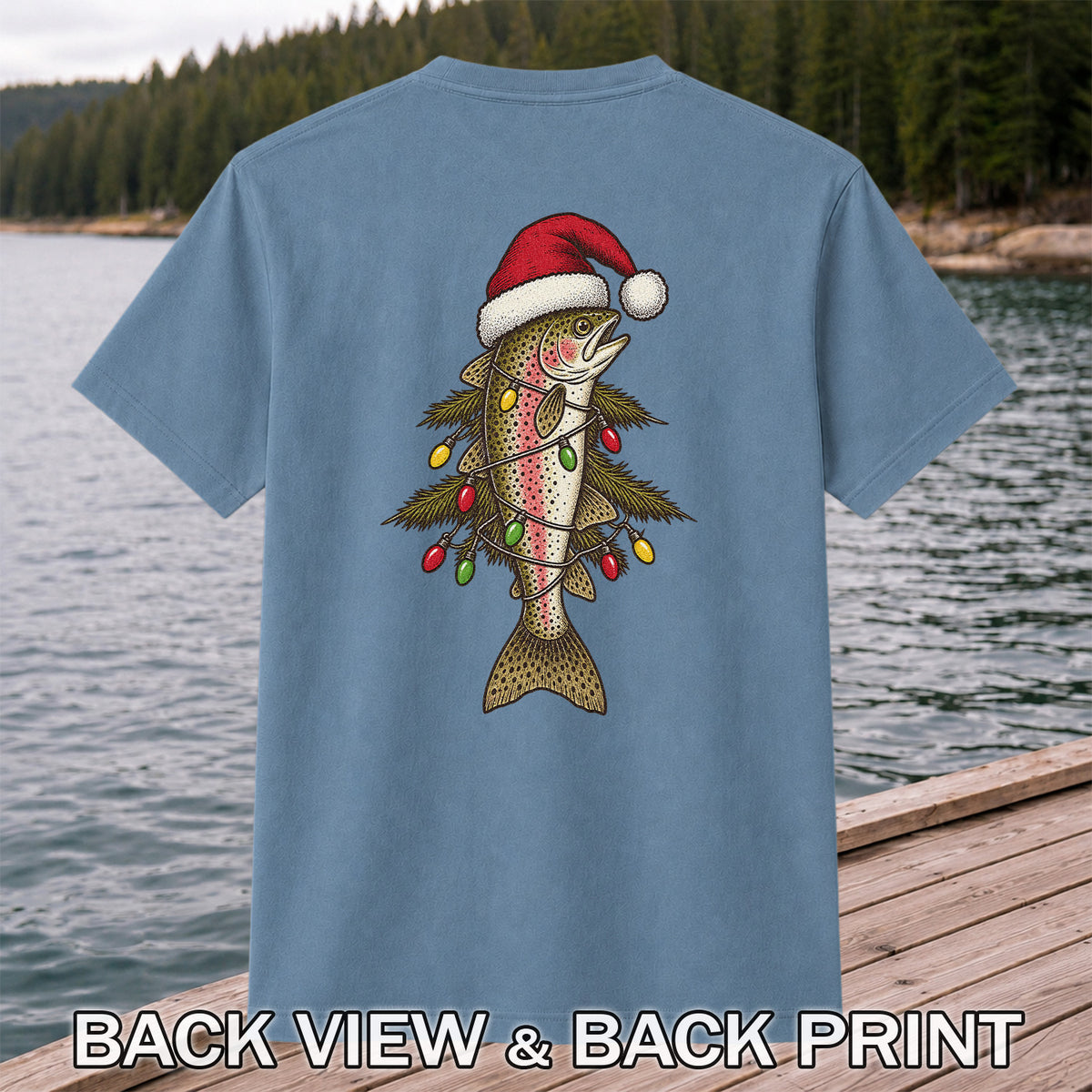Christmas Trout Tree Fishing Graphic T-Shirt | Back Print