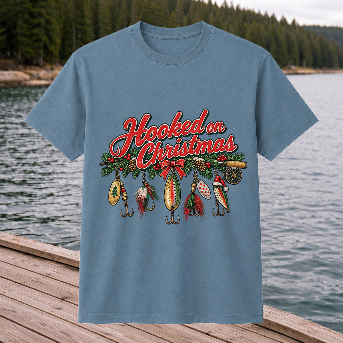 Hooked on Christmas Fishing Lure Ornaments Graphic T-Shirt