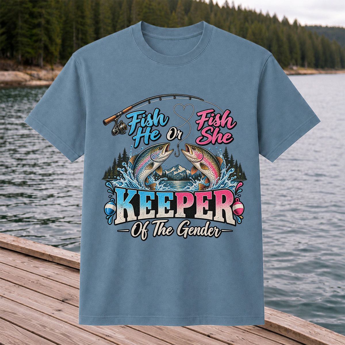 Fish He or Fish She Keeper of the Gender Rainbow Trout Fishing Gender Reveal T-Shirt
