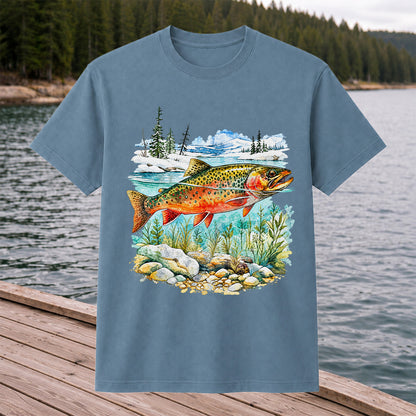 Brown Trout in Mountain River Watercolor Fishing Graphic T-Shirt