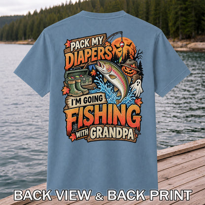 Pack My Diapers I'm Going Fishing With Grandpa Halloween Rainbow Trout T-Shirt | Back Print