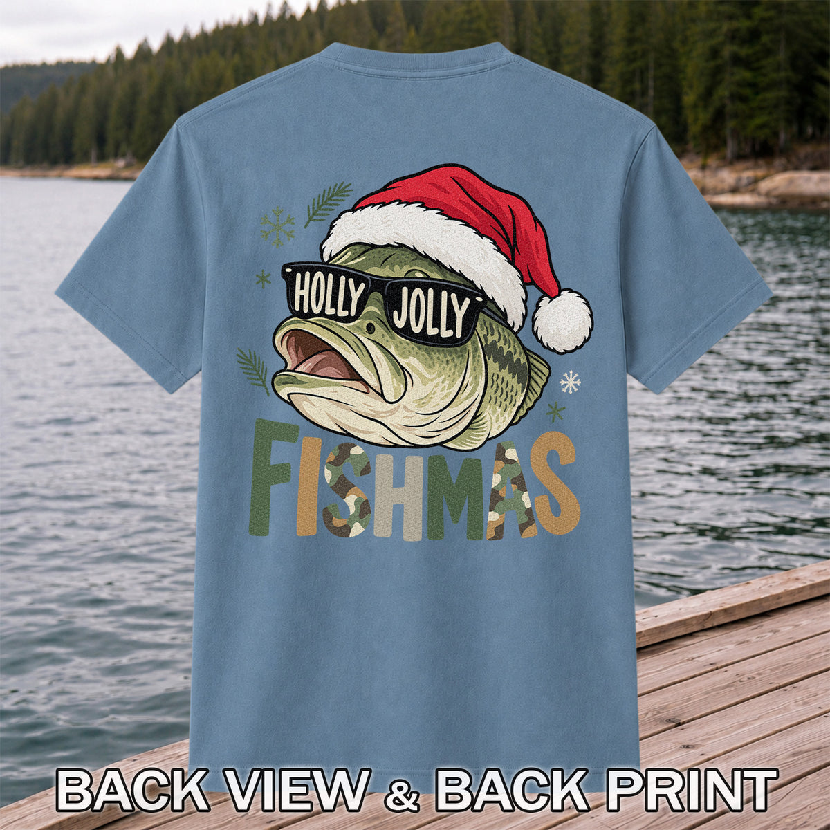 Bass Wearing Santa Hat and Holiday Glasses Fishing Graphic T-Shirt | Back Print