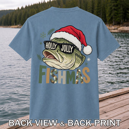 Bass Wearing Santa Hat and Holiday Glasses Fishing Graphic T-Shirt | Back Print