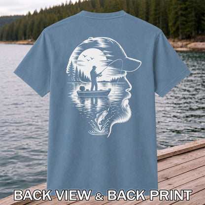 Bearded Angler Silhouette with Lake Fishing Scene Graphic T-Shirt | Back Print