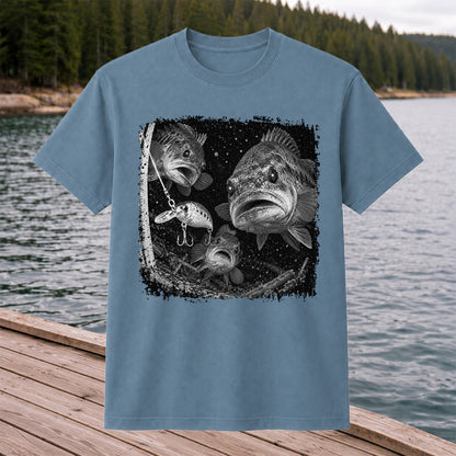Vintage Bass Fishing Graphic T-Shirt with Underwater Fish Artwork