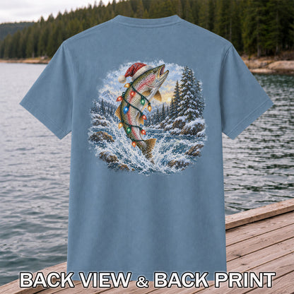 Santa Rainbow Trout with Christmas Lights Fishing T-Shirt | Back Print
