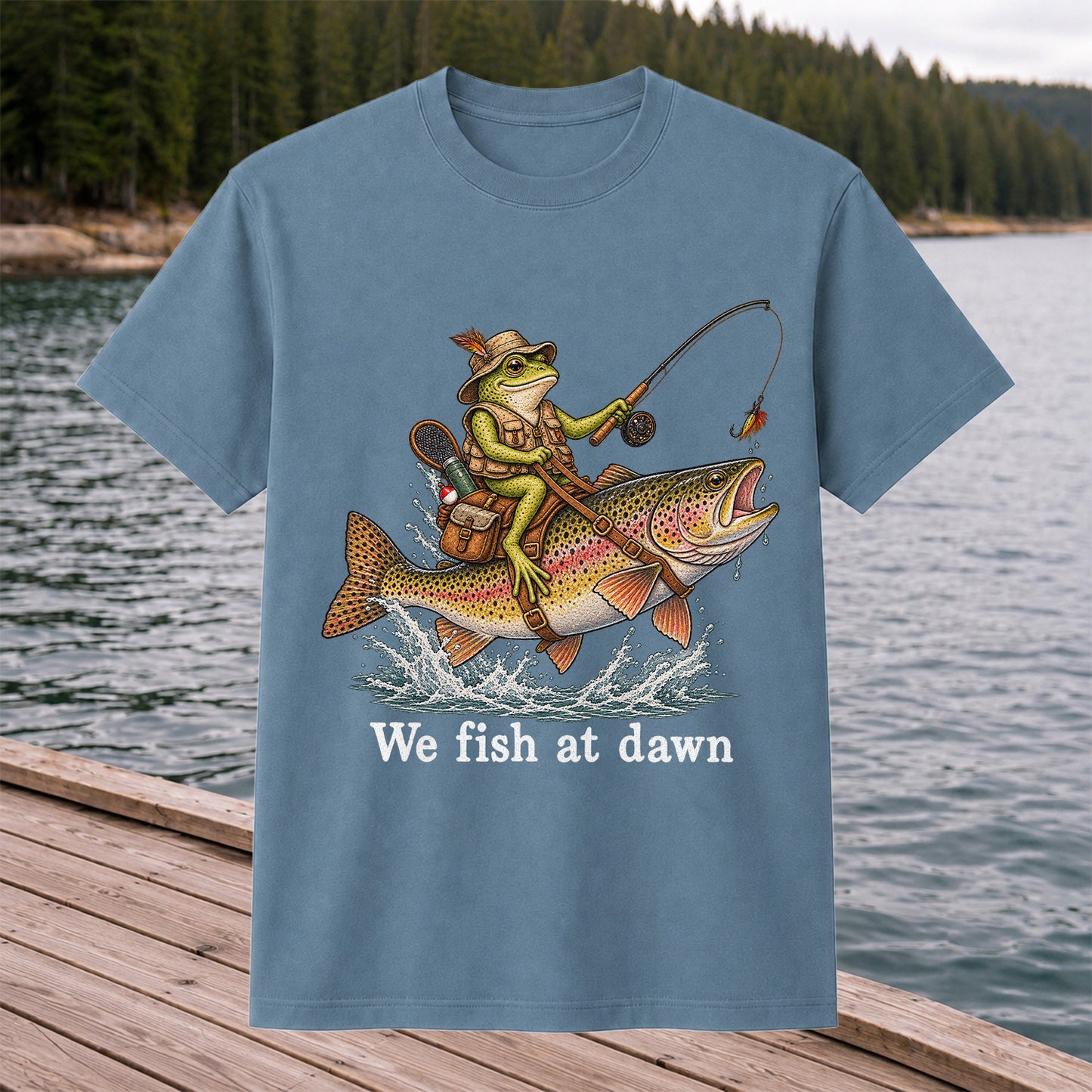 We Fish at Dawn Frog Riding a Rainbow Trout Funny Fishing T-Shirt
