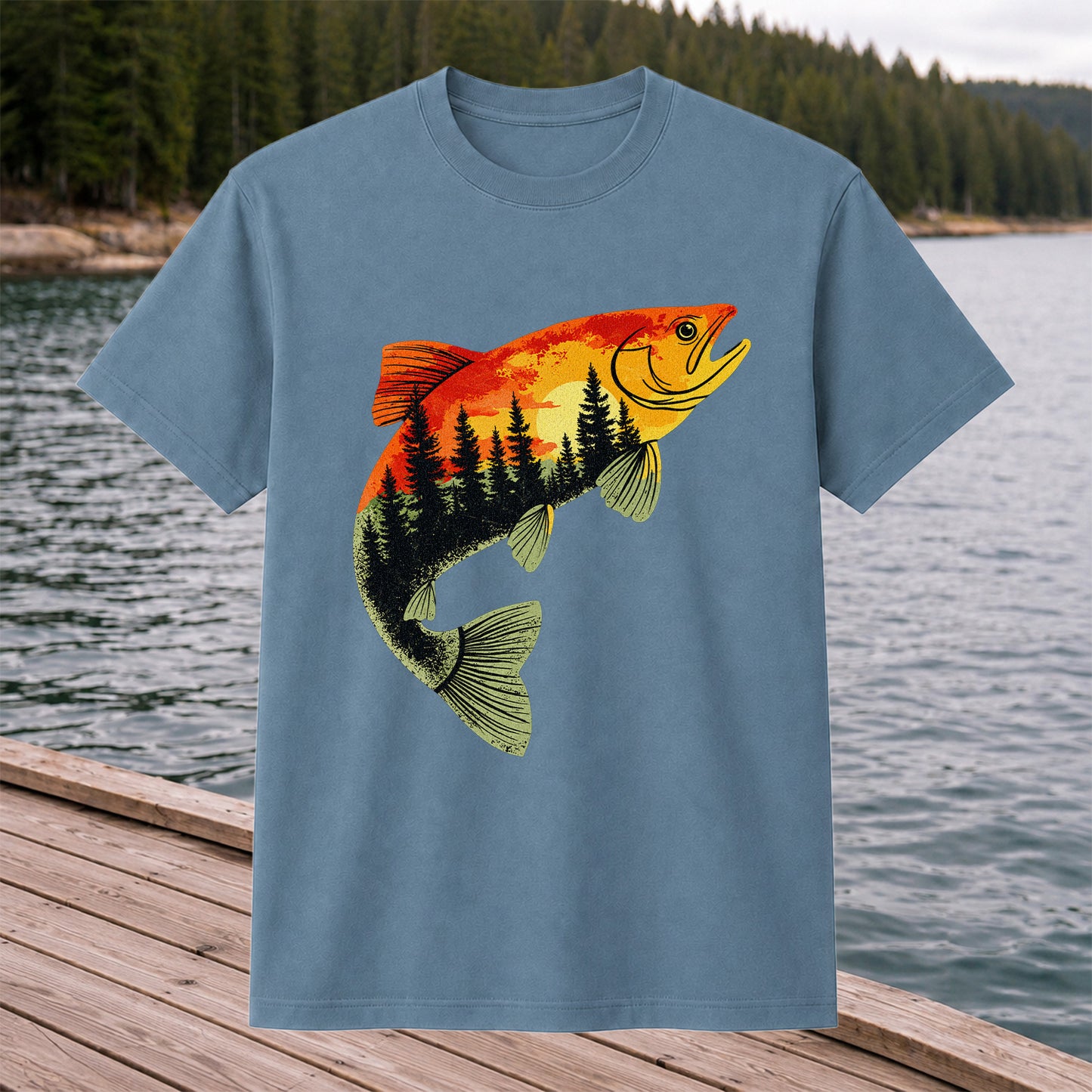 Sunset Forest Trout Fishing Graphic T-Shirt