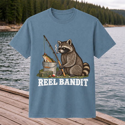 Reel Bandit Smoking Raccoon with Fishing Rod Funny T-Shirt