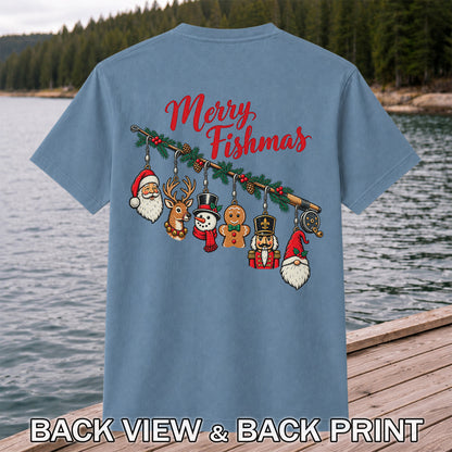 Christmas Fishing Rod Ornaments Holiday Graphic T-Shirt | Back Print