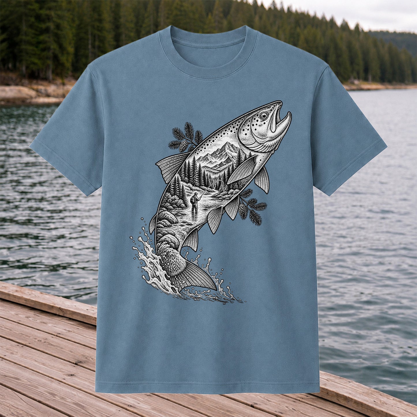 Leaping Trout with Mountain River and Angler Fishing Graphic T-Shirt