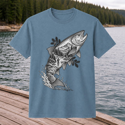 Leaping Trout with Mountain River and Angler Fishing Graphic T-Shirt