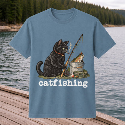Catfishing Smoking Black Cat with Fishing Rod Funny T-Shirt