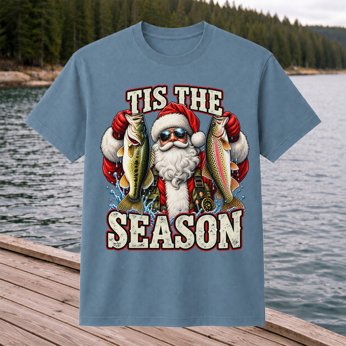 Tis the Season Santa Holding Bass and Rainbow Trout Christmas Fishing T-Shirt