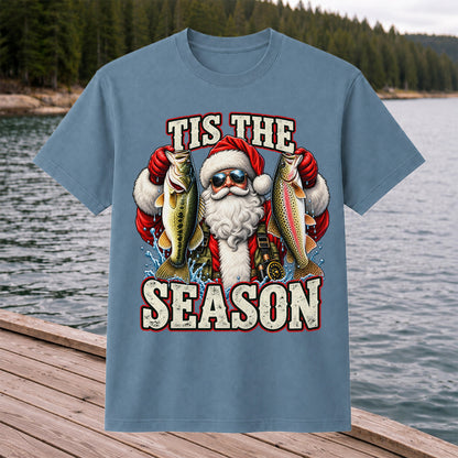 Tis the Season Santa Holding Bass and Rainbow Trout Christmas Fishing T-Shirt
