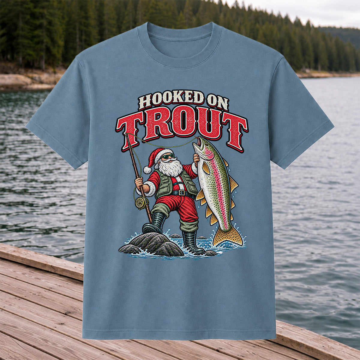 Hooked on Trout Santa Claus Rainbow Trout Christmas Fishing T-Shirt