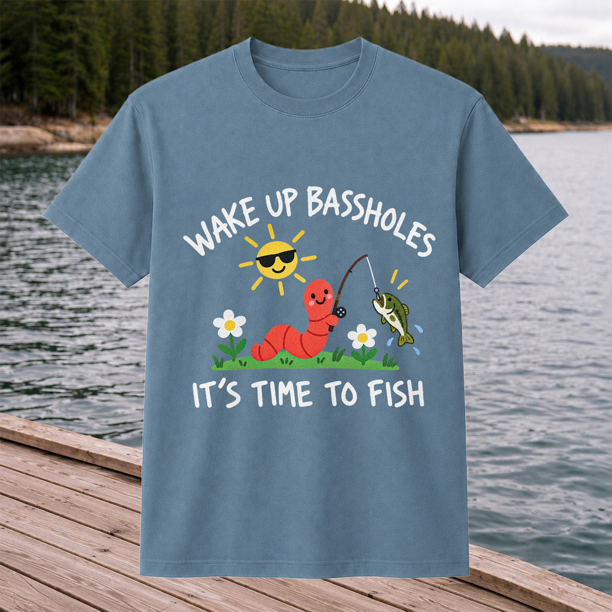 Wake Up Bassholes Funny Worm and Bass Fishing Graphic T-Shirt