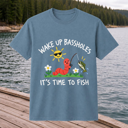 Wake Up Bassholes Funny Worm and Bass Fishing Graphic T-Shirt