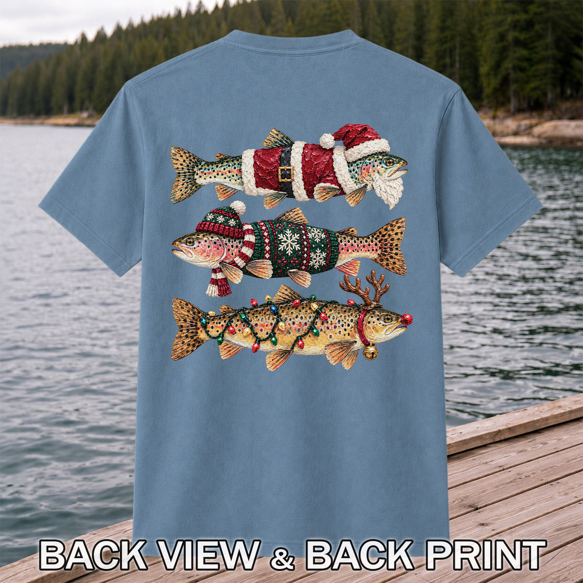 Christmas Trout Fishing Graphic T-Shirt with Festive Fish Artwork | Back Print