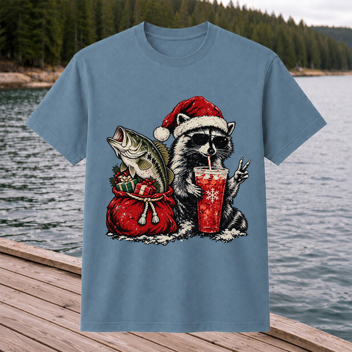 Santa Raccoon Sharing a Bass Christmas Fishing Graphic T-Shirt