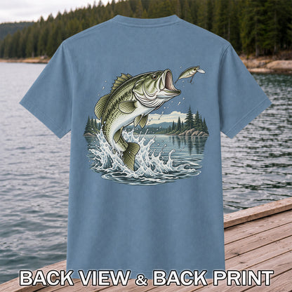 Jumping Largemouth Bass Chasing a Lure Lake Fishing Graphic T-Shirt | Back Print