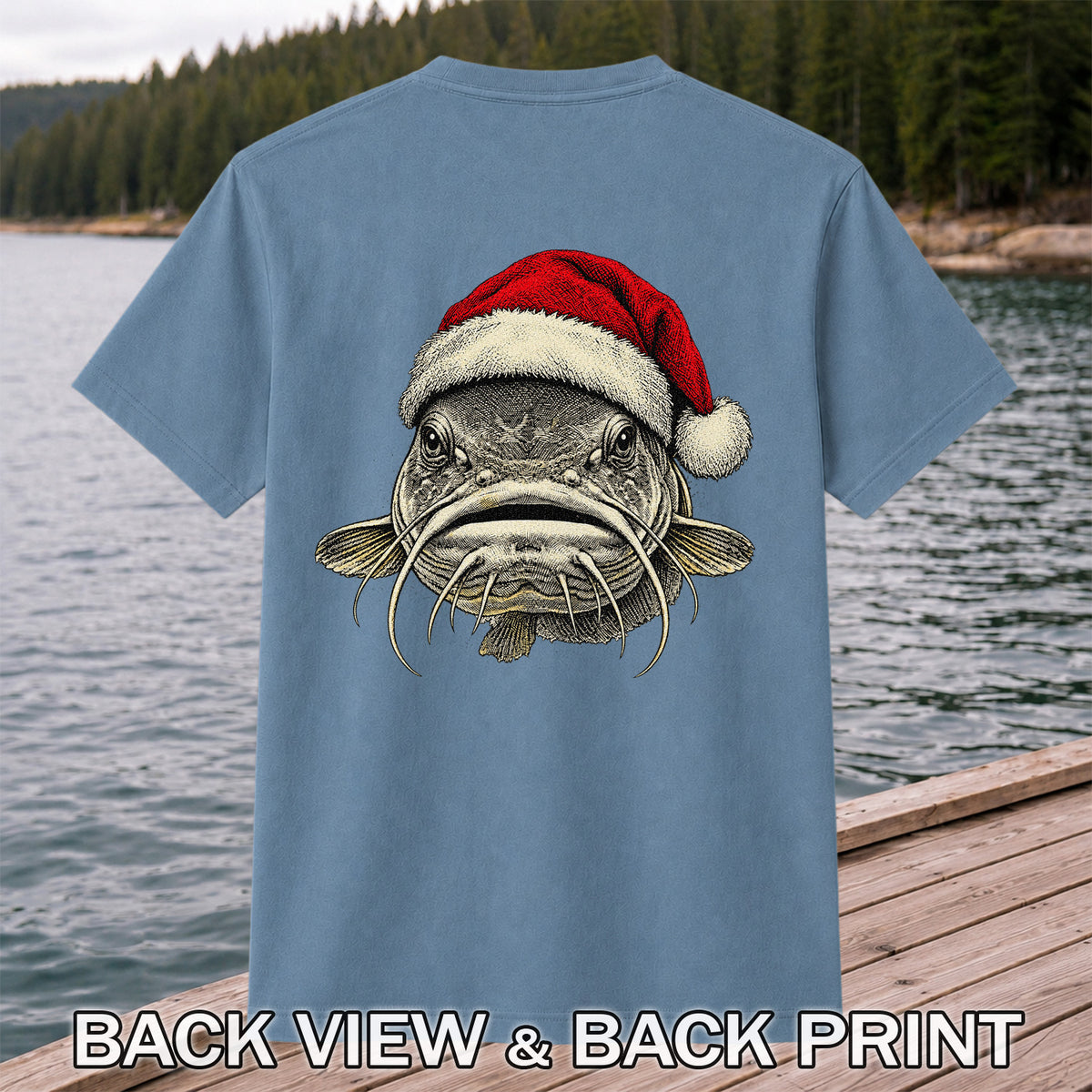 Christmas Catfish Santa Hat Holiday Fishing Graphic T-Shirt | Back Print