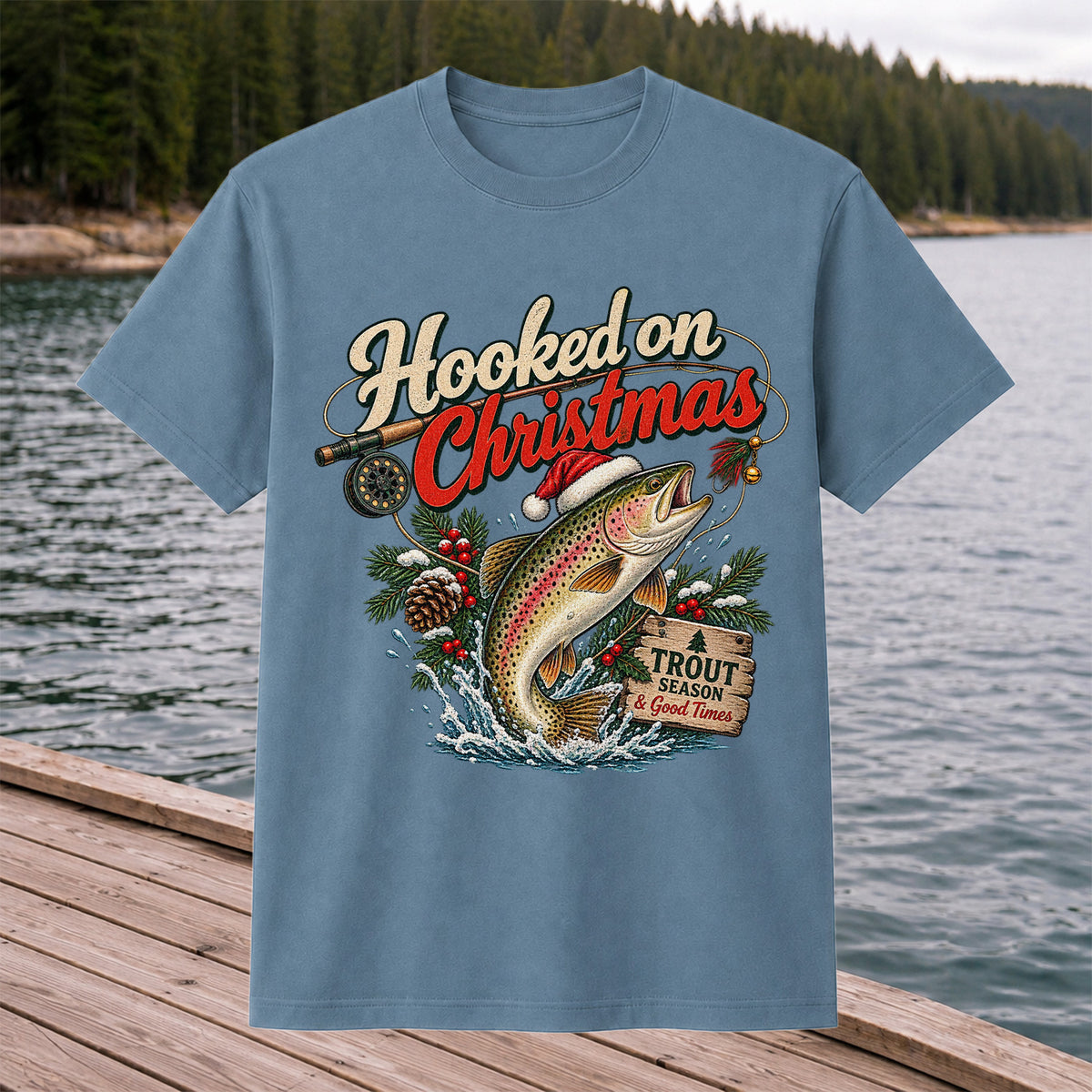 Hooked on Christmas Rainbow Trout in Santa Hat Fishing T-Shirt