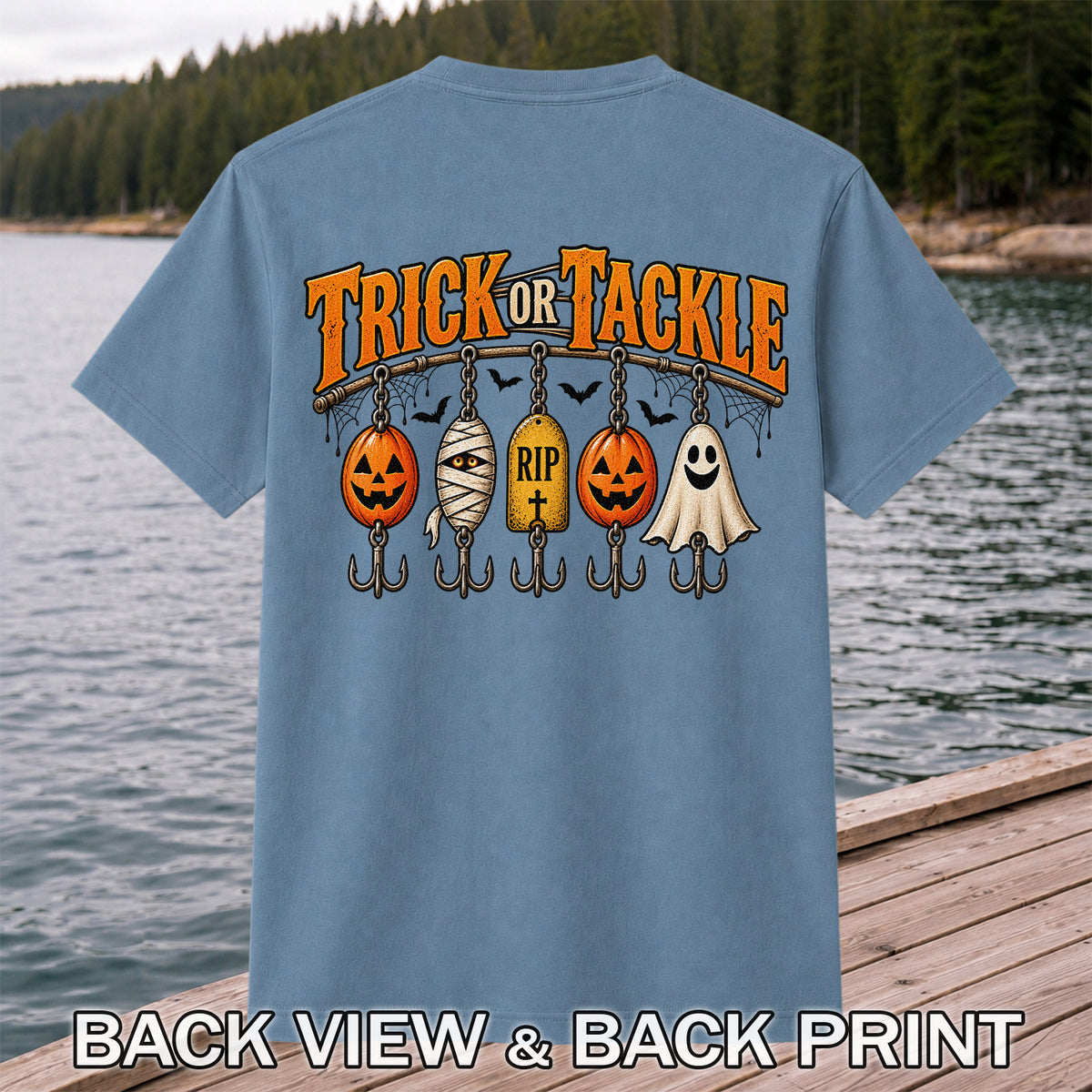 Trick or Tackle Pumpkin Ghost and Mummy Fishing Lures Halloween T-Shirt | Back Print