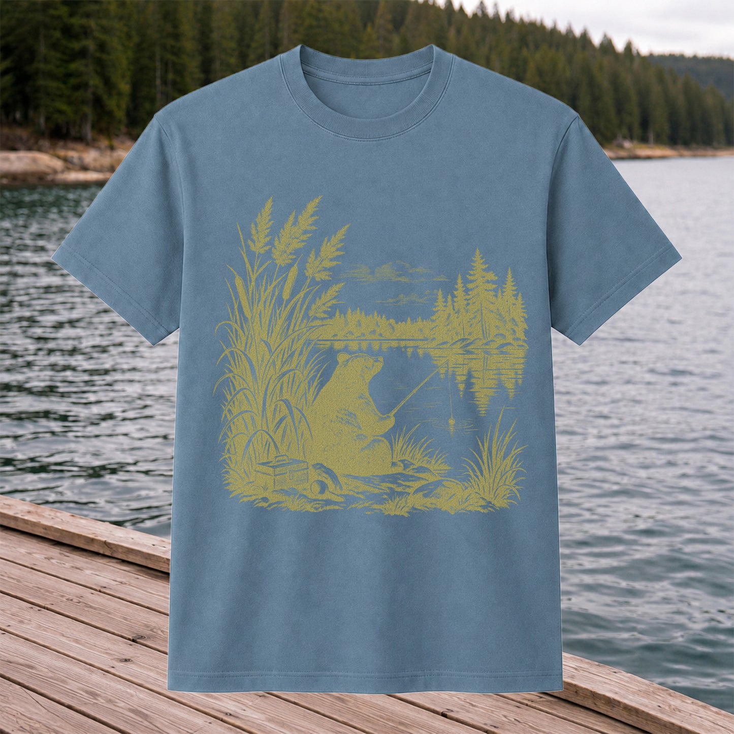 Bear Fishing by the Lake Vintage Outdoor Graphic T-Shirt