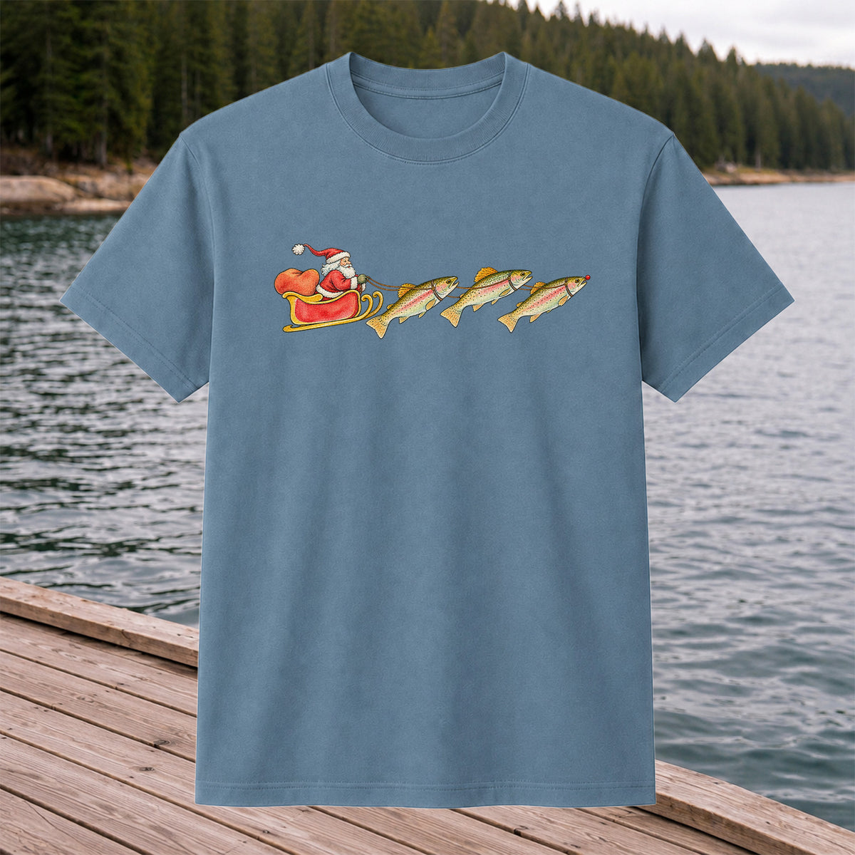 Santa Sleigh Pulling Rainbow Trout Fishing Graphic T-Shirt