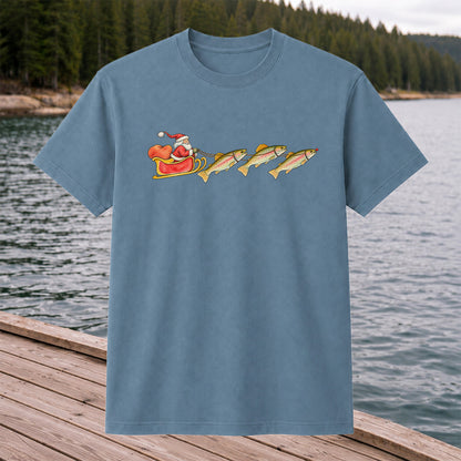 Santa Sleigh Pulling Rainbow Trout Fishing Graphic T-Shirt