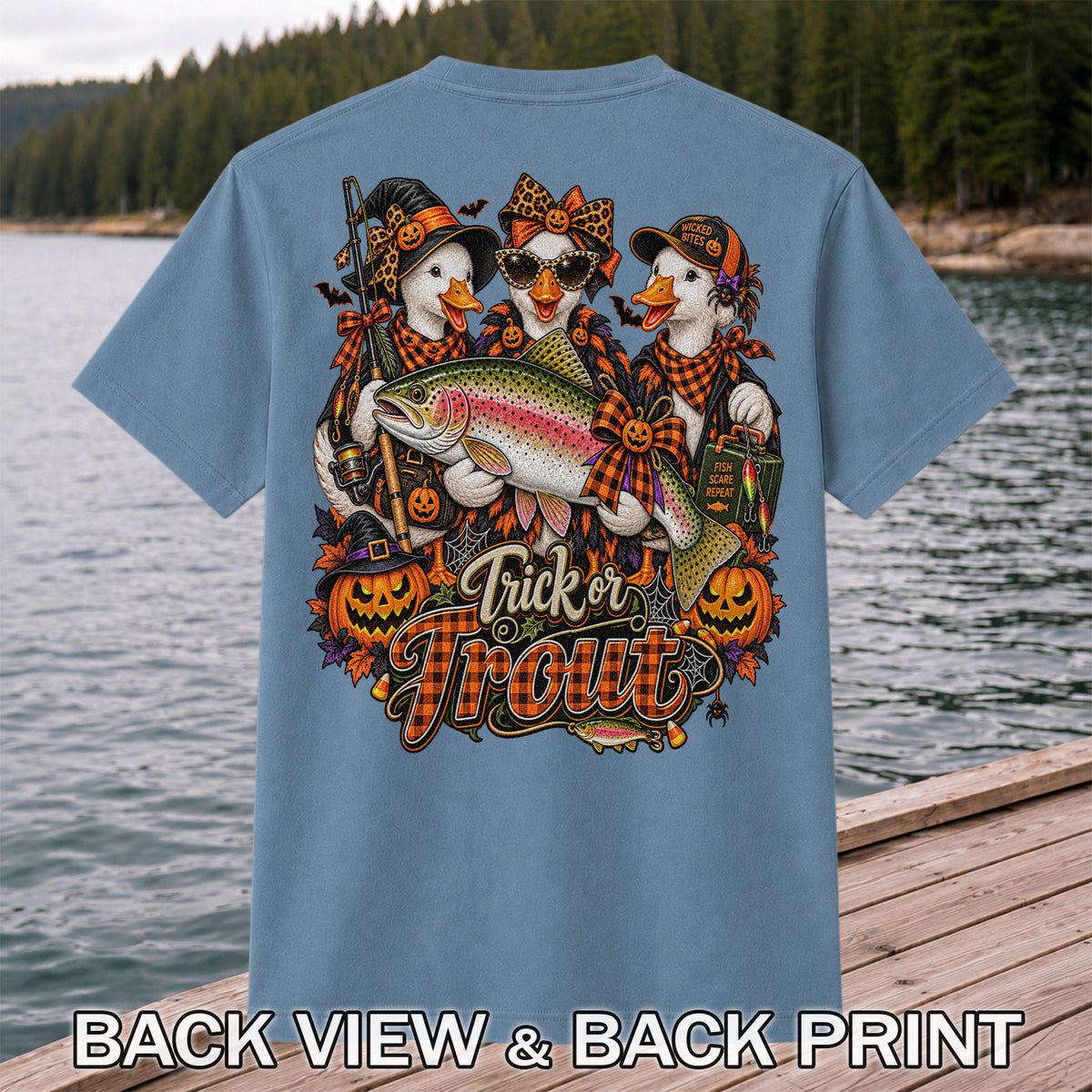 Trick or Trout Halloween Ducks with Rainbow Trout and Pumpkins Fishing T-Shirt | Back Print