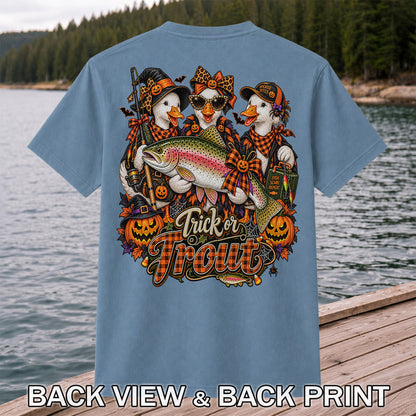 Trick or Trout Halloween Ducks with Rainbow Trout and Pumpkins Fishing T-Shirt | Back Print