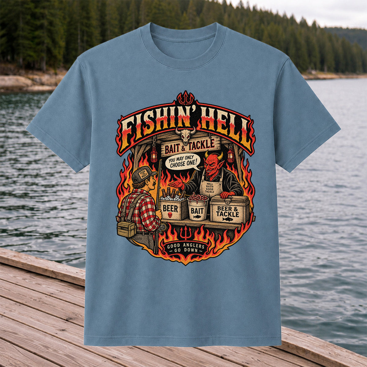 Fishin' Hell Devil Bait and Tackle Funny Fishing T-Shirt