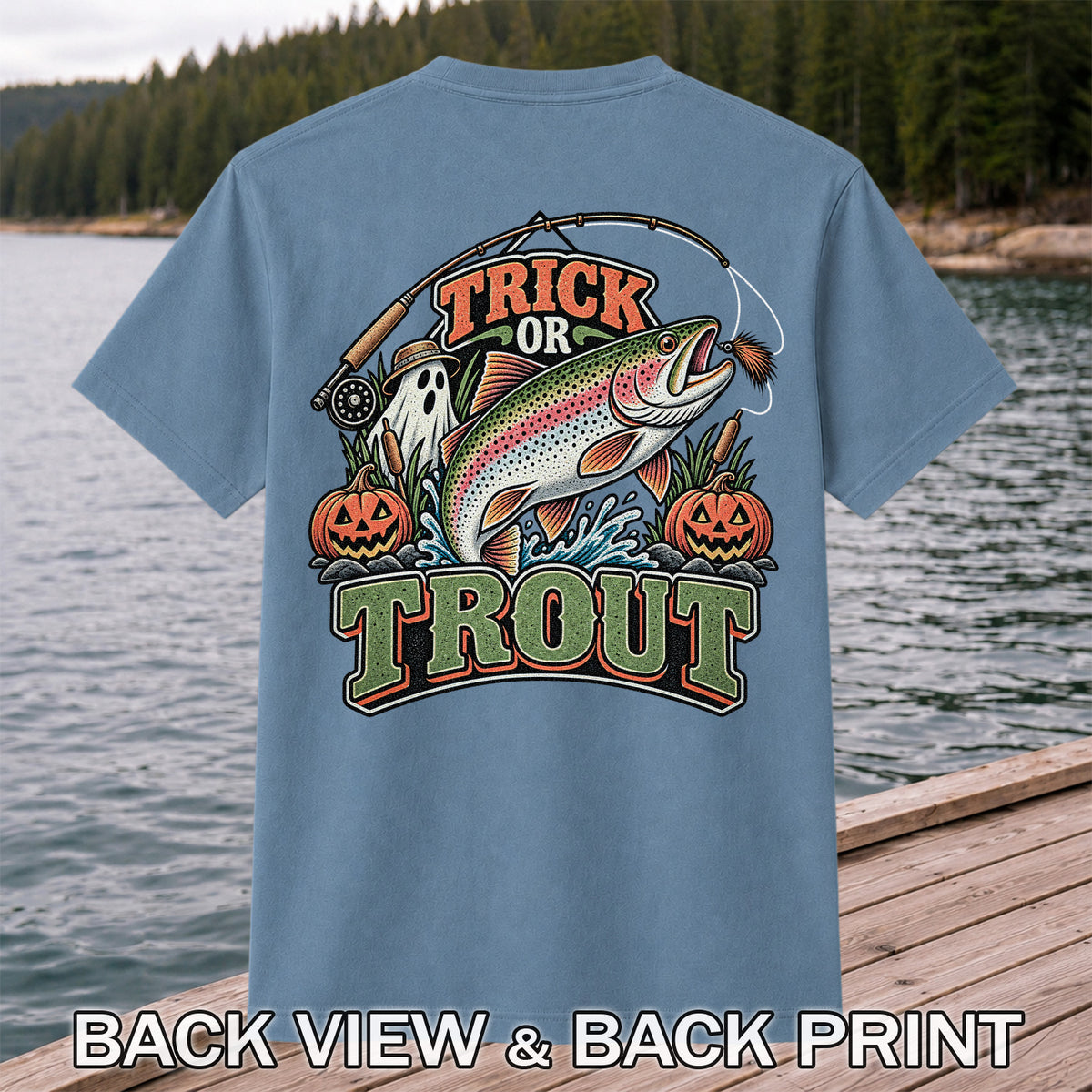 Trick or Trout Rainbow Trout Ghost and Pumpkins Halloween Fishing T-Shirt | Back Print